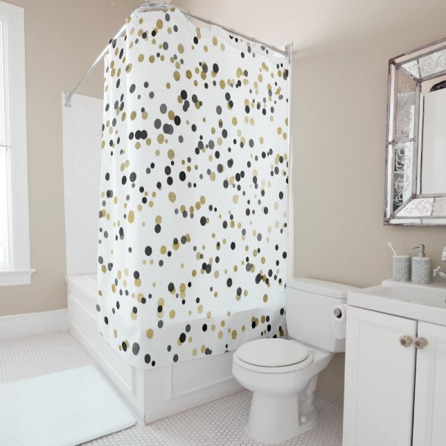 Black White Gold Confetti  Dots  Minimal Chic Glam Shower Curtain (In Situ)