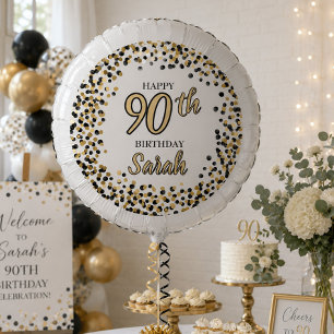 Black White Gold Confetti Glitter 90th Birthday Balloon