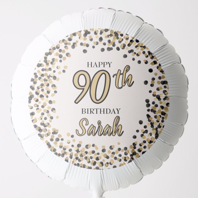 Black White Gold Confetti Glitter 90th Birthday Balloon (Front)