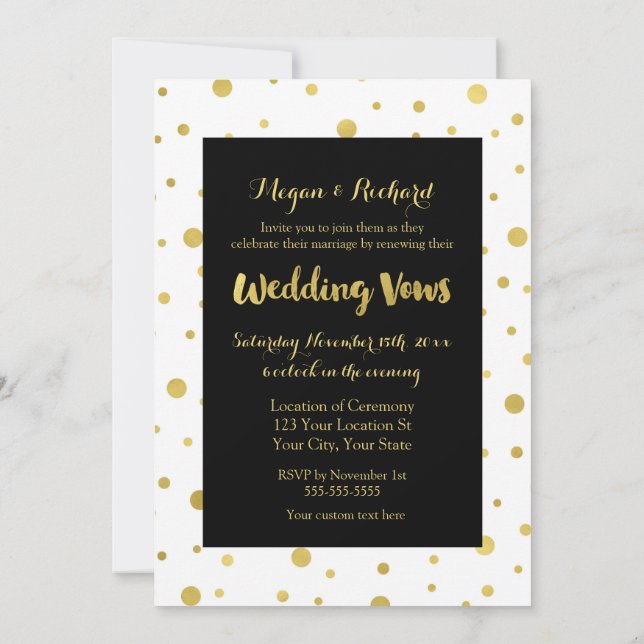 Black White Gold Confetti Vow Renewal Invitation (Back)