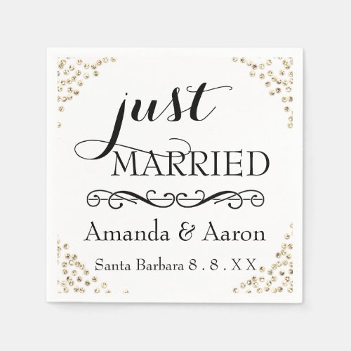 Black White Gold Confetti Wedding Just Married Napkins