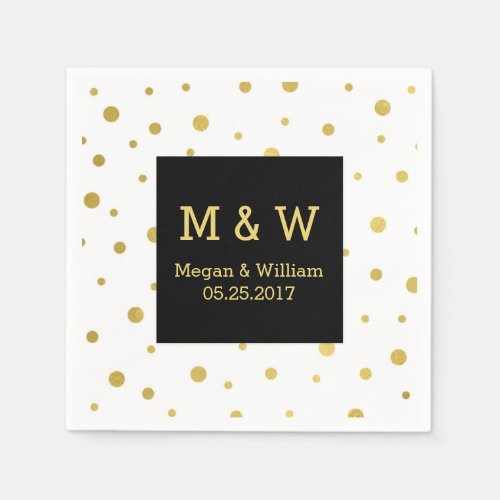 Black White Gold Confetti Wedding Monogram Napkins