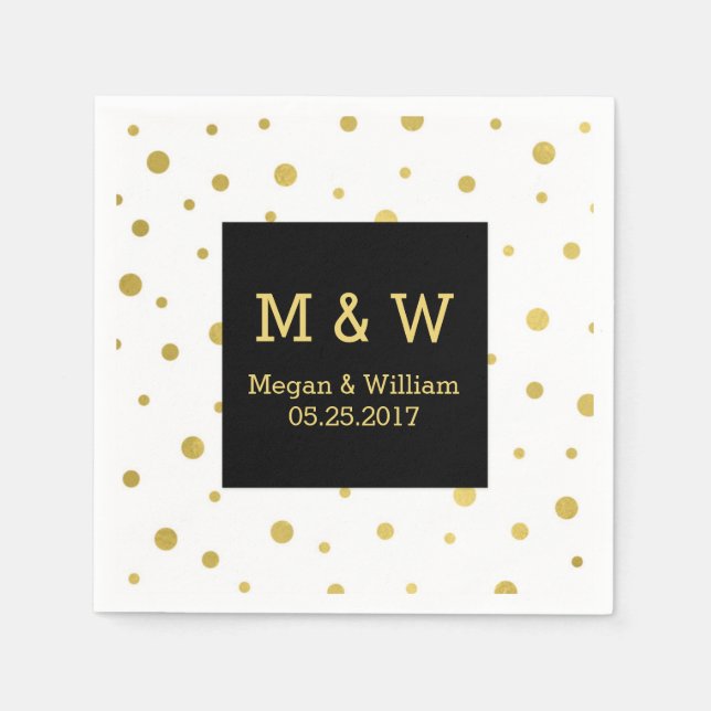 Black White Gold Confetti Wedding Monogram Napkins (Front)