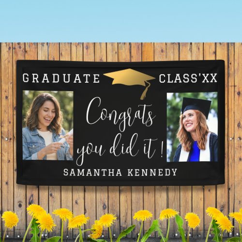 Black White Gold Congrats 2 Photo Graduation 2026 Banner
