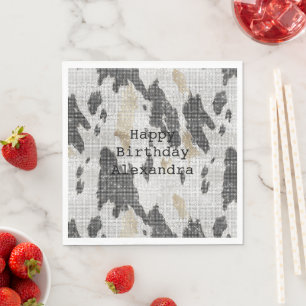 Black White Gold Cow Animal Print Sparkle Birthday Napkins