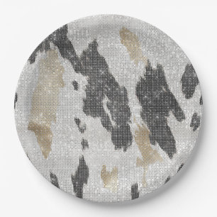 Black White Gold Cow Animal Print Sparkle Birthday Paper Plates