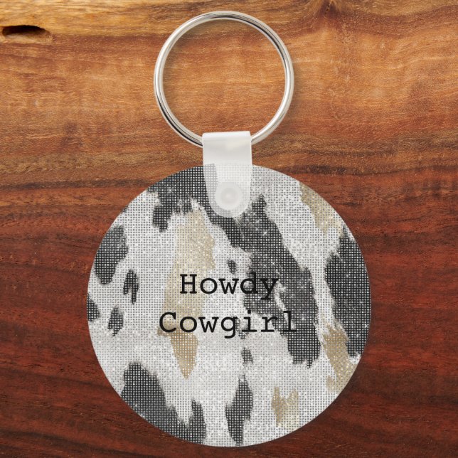 Black White Gold Cow Animal Print Sparkle Keychain (Front)