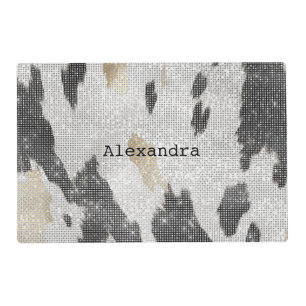 Black White Gold Cow Animal Print Sparkle Placemat