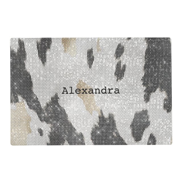 Black White Gold Cow Animal Print Sparkle Placemat (Front)