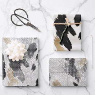 Black White Gold Cow Animal Print Sparkle Wrapping Paper Sheets