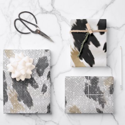 Black White Gold Cow Animal Print Sparkle Wrapping Paper Sheets