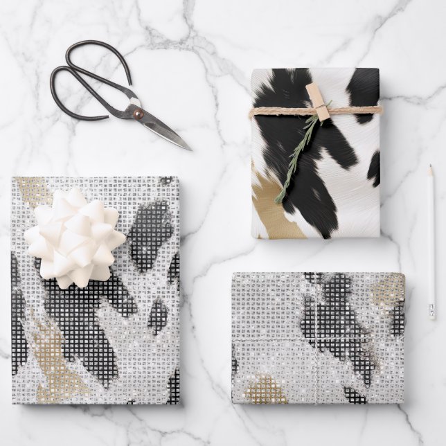 Black White Gold Cow Animal Print Sparkle Wrapping Paper Sheets (Front)