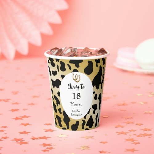 Black White Gold Cow Spots  Horseshoe Birthday Paper Cups