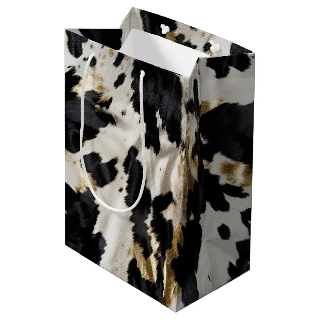 Black White Gold Cowgirl Cowhide Medium Gift Bag (Back Angled)