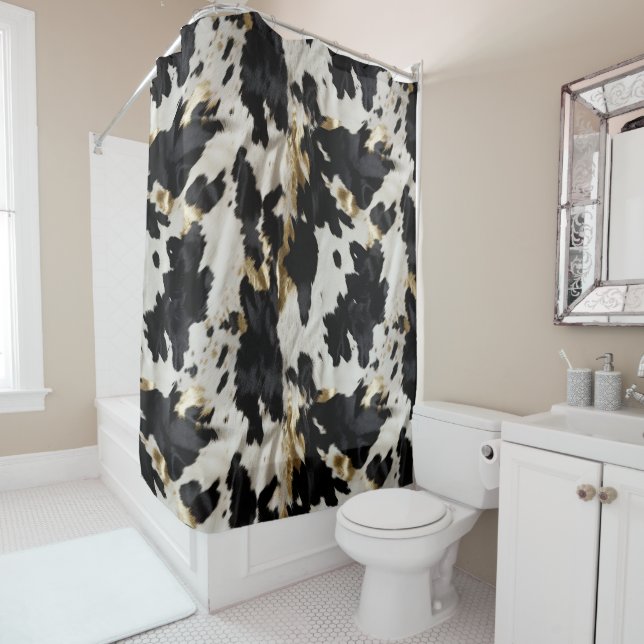 Black White Gold Cowgirl Cowhide Shower Curtain (In Situ)