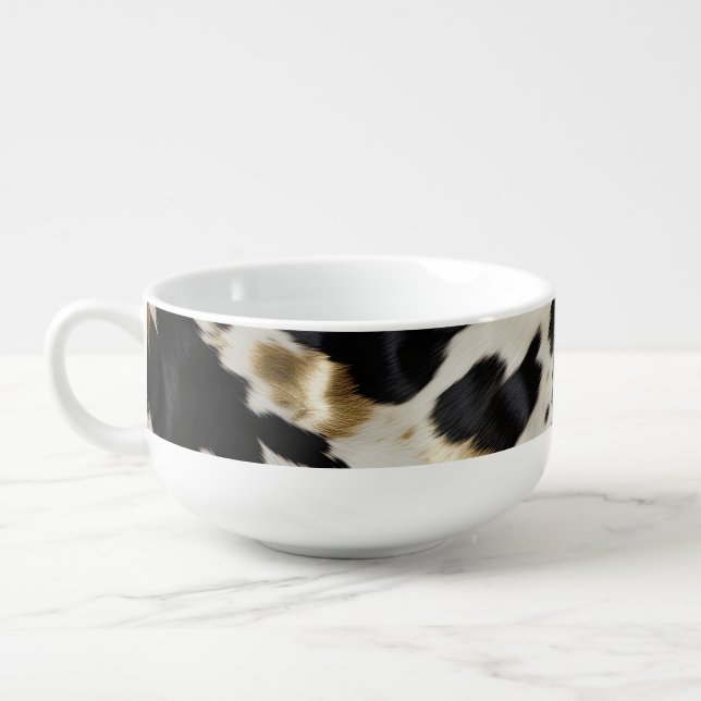 Black White Gold Cowgirl Cowhide Soup Mug (Right)