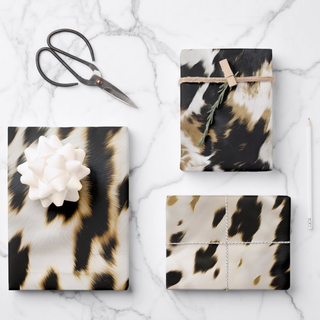 Black White Gold Cowgirl Cowhide Wrapping Paper Sheets (Front)