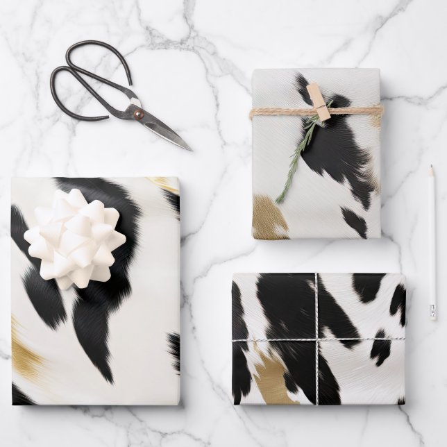 Black White Gold Cowhide Birthday Wrapping Paper Sheets (Front)