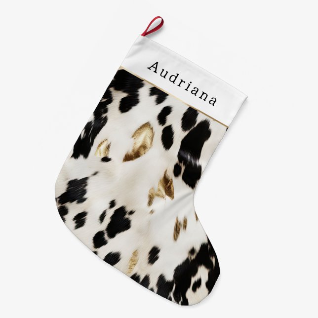 Black White Gold Cowhide Christmas Large Christmas Stocking (Front (Hanging))