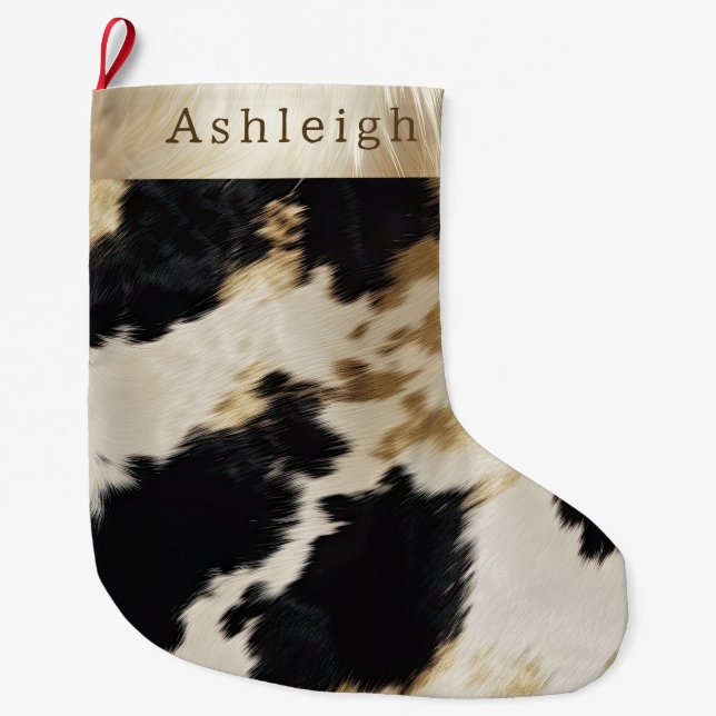 Black White Gold Cowhide Large Christmas Stocking (Front)