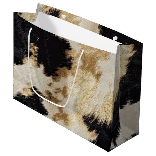 Black White Gold Cowhide Large Gift Bag (Front Angled)