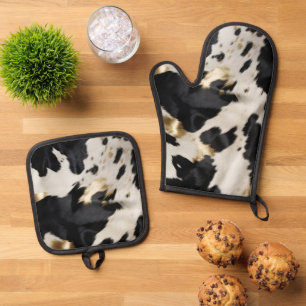 Black White Gold Cowhide Oven Mitt & Pot Holder Set