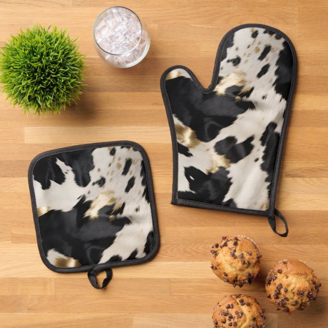 Black White Gold Cowhide Oven Mitt & Pot Holder Set (Top Down)