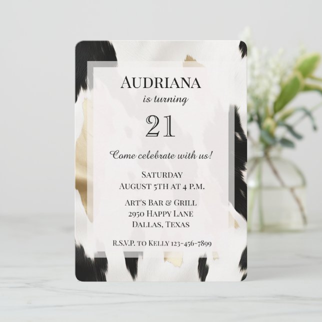 Black White Gold Cowhide Southwest Birthday Invitation (Standing Front)