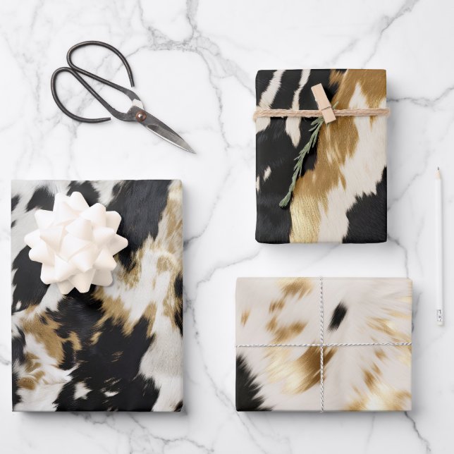 Black White Gold Cowhide Wrapping Paper Sheets (Front)