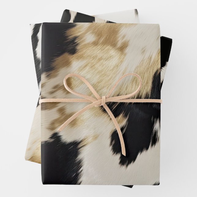 Black White Gold Cowhide Wrapping Paper Sheets (In situ)