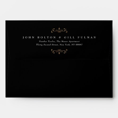 black white gold crest return address wedding envelope