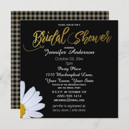 Black White Gold Daisy Theme Bridal Shower Invitation