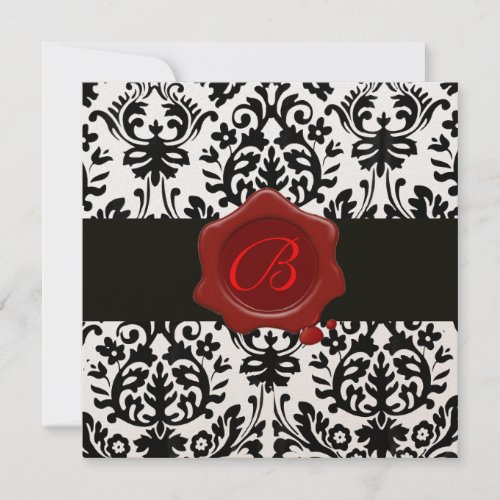 BLACK  WHITE GOLD DAMASK RED WAX SEAL MONOGRAM INVITATION