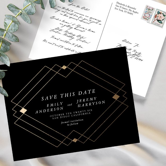 Black White Gold Deco Lines Save The Date Wedding Postcard (Creator Uploaded)