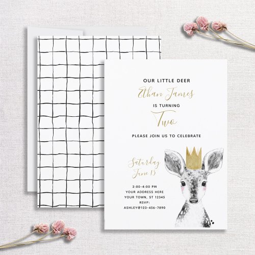 Black  White Gold Deer Baby 2nd Birthday Invitation