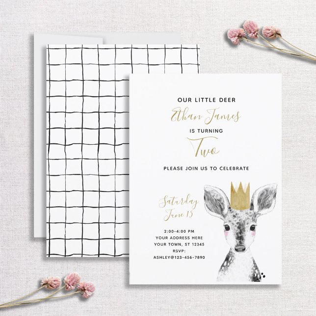 Black & White Gold Deer Baby 2nd Birthday Invitation (Creator Uploaded)