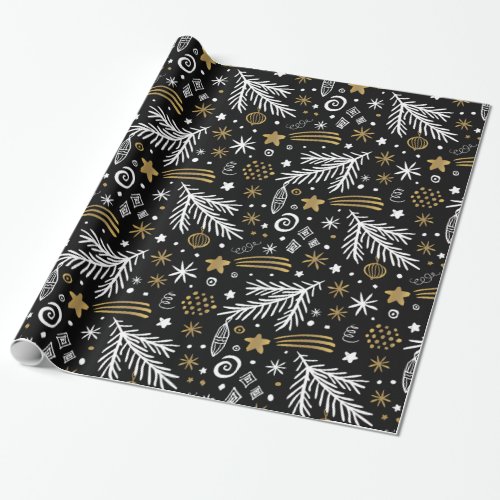 Black white  Gold doodle PINE and stars CHRISTMAS Wrapping Paper
