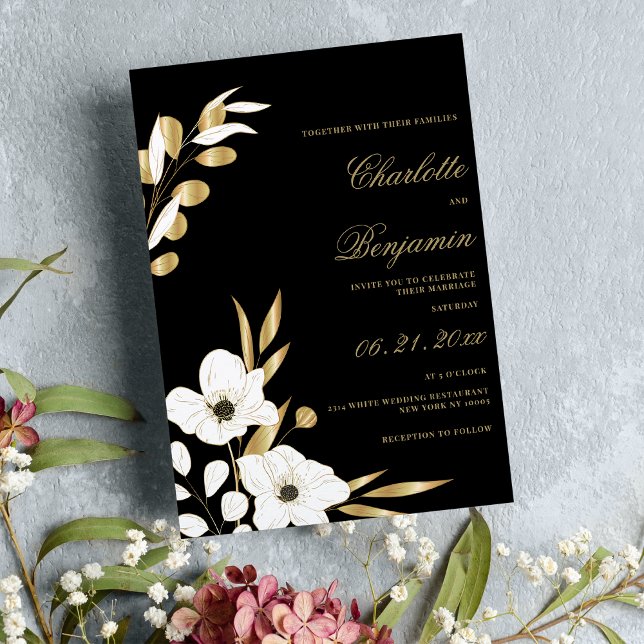 Black white gold elegant luxury floral wedding invitation (Black white gold elegant luxury floral wedding )