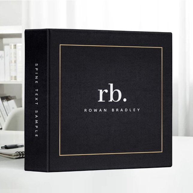 Black White Gold Fabric Effect Elegant Monogram 3 Ring Binder (Creator Uploaded)