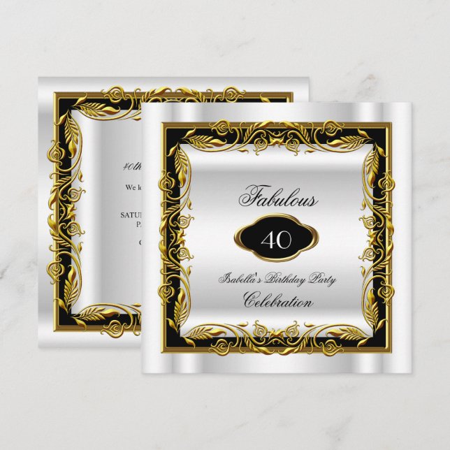 Black White Gold Fabulous 40th Elegant Birthday Invitation (Front/Back)