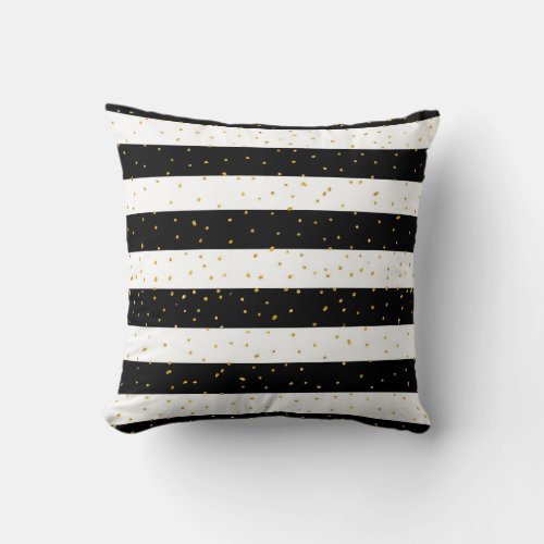 Black white gold faux glitter stripes polka dots throw pillow