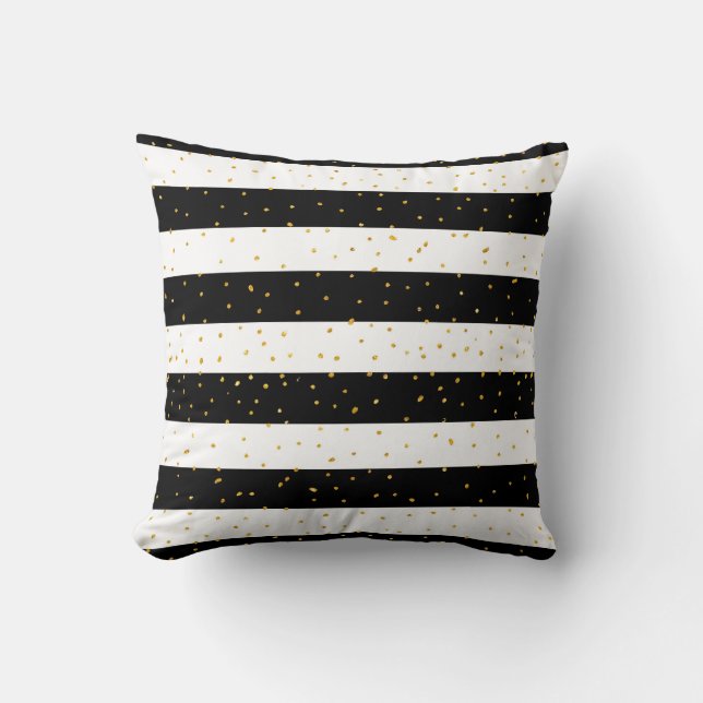 Black white gold faux glitter stripes polka dots throw pillow (Front)