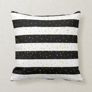 Black white gold faux glitter stripes polka dots throw pillow