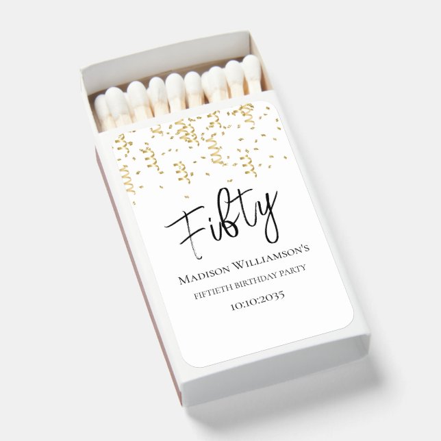 Black, White & Gold Fifty , 50th Birthday Party   Matchboxes (Front Open)