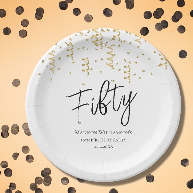 Black, White & Gold Fifty , 50th Birthday Party   Paper Plates (Creator Uploaded)