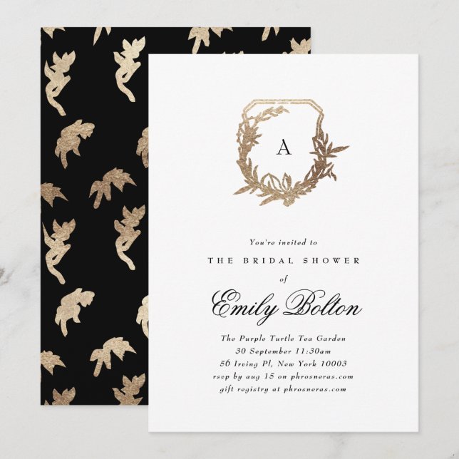 black white gold floral crest bridal shower invitation (Front/Back)