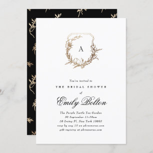black white gold floral crest bridal shower invitation