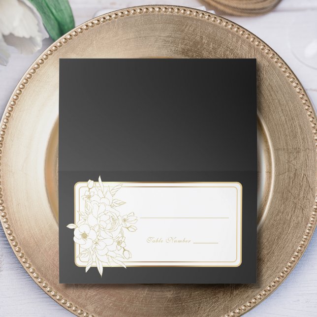 Black White Gold Floral Elegant Traditional Table Place Card (Creator Uploaded)