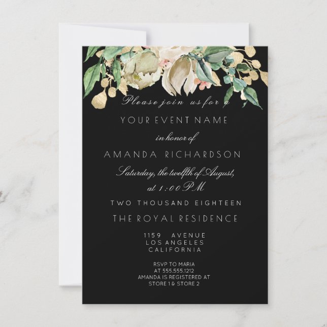 Black White Gold Floral Ivory Mint 16th Bridal Invitation (Front)