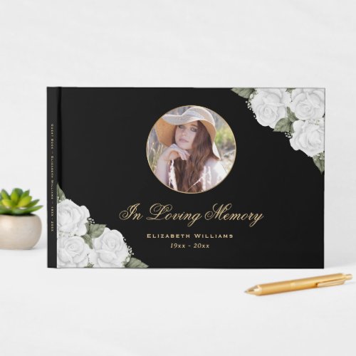 Black White Gold Floral Memorial Funeral Photo Guest Book